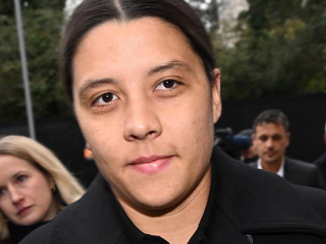 KINGSTON UPON THAMES, ENGLAND - FEBRUARY 3: Australian footballer Sam Kerr arrives outside the Crown Court ahead of her trial for a racial harassment case on February 3, 2025 in Kingston upon Thames, England. The Matildas star, who also plays professionally for Chelsea in the Women's Super League, is facing charges of "racially aggravated harassment" of a police officer related to an incident in Twickenham on January 30, 2023.  (Photo by Leon Neal/Getty Images)