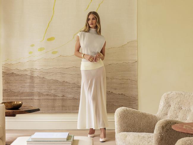 Rosie Huntington-Whiteley in her cozy living room. Picture: Simon Upton