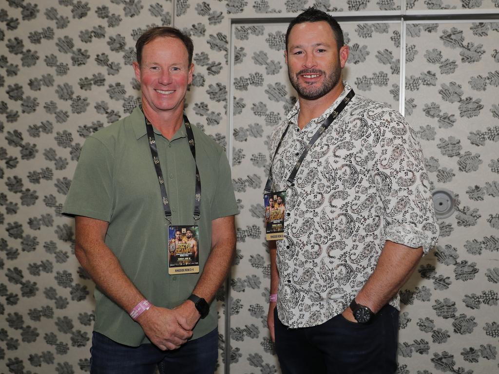 Gold Coast Titans head coach Justin Holbrook and Brett White at the Tim Tszyu vs Carlos Ocampo Interim WBO Super Welterweight World title contest at the Convention Centre in Broadbeach. Photo: Regi Varghese