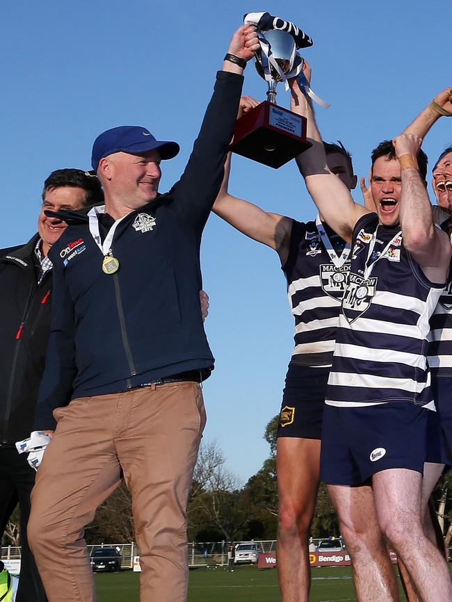 Jeff Andrews celebrates with Macedon after winning the 2017 RDFL premiership. Picture: George Salpigtidis