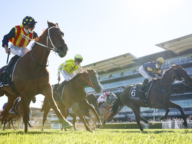 SYDNEY, AUSTRALIA - OCTOBER 16: James McDonald on Nature Strip wins race 7 The Tab Everest during Everest Day at Royal Randwick Racecourse on October 16, 2021 in Sydney, Australia. (Photo by Mark Evans/Getty Images)