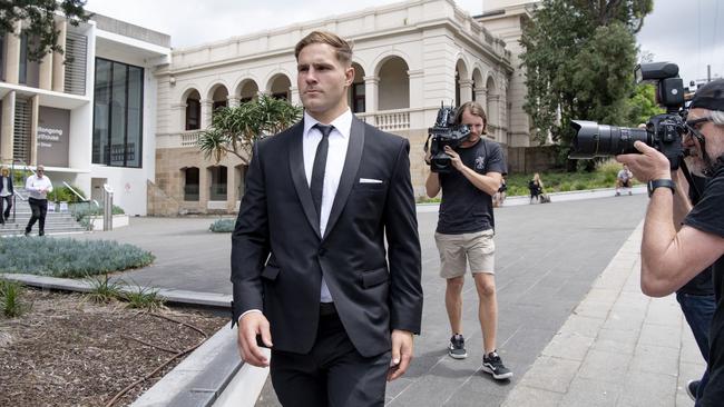 Dragons player Jack de Belin leaves Wollongong court on Monday where he is facing charges of aggravated sexual assault. Picture: Simon Bullard