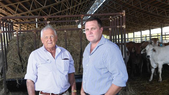 Colin and Hamish Brett at the Berrimah Farm Export feedlot following the historic Federal Court ruling. Brett Cattle Company was the lead litigant in the class action. Picture: Katrina Bridgeford