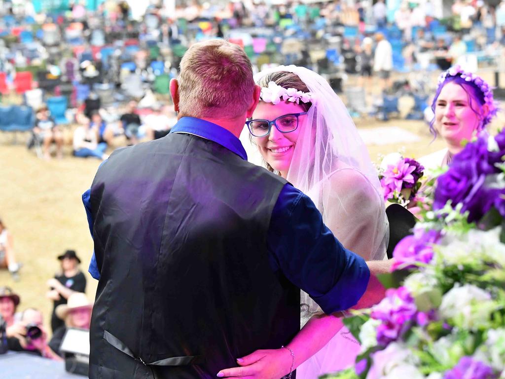 Simone Ward and Geoffrey Borninkhof, were married on The Hill Stage at Gympie Music Muster. Picture: Patrick Woods.