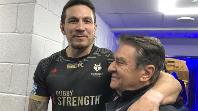 Sonny Bill reunites with Roosters boss Nick Politis. Image supplied