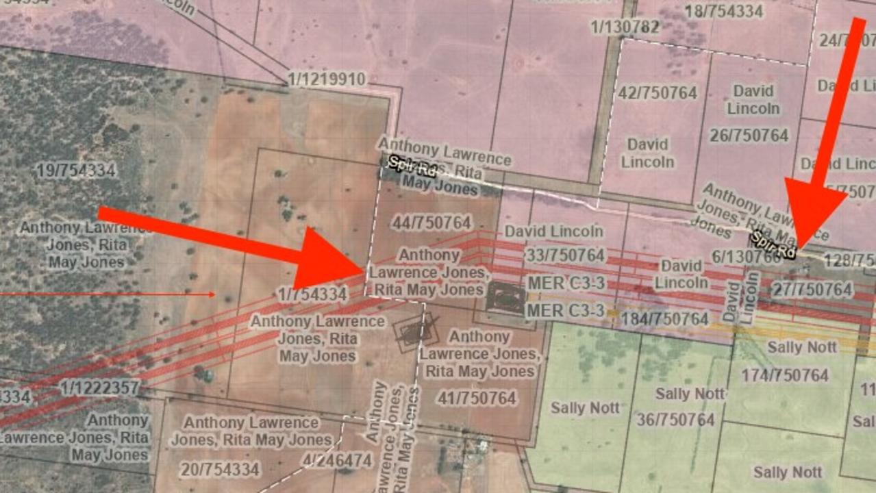 The proposed location of transmission wires on Anthony Jones and his mother Rita's properties. Picture: supplied.