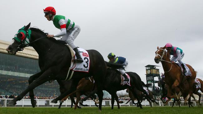 Damian Lane wins the Caulfield Cup on Mer De Glace. Picture: Getty Images