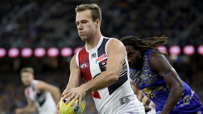 Bailey Rice of the Saints prepares to kick the ball during the Round 11 AFL match between the West Coast Eagles and the St Kilda Saints at Optus Stadium in Perth, Saturday, June 2, 2018. (AAP Image/Richard Wainwright) NO ARCHIVING, EDITORIAL USE ONLY