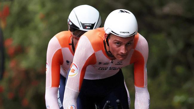 WOLLOGONG, AUSTRALIA - SEPTEMBER 21: Mathieu Van Der Poel of The Netherlands sprints during the 95th UCI Road World Championships 2022 - Team Time Trial Mixed Relay / #Wollongong2022  / on September 21, 2022 in Wollongong, Australia. (Photo by Con Chronis/Getty Images)