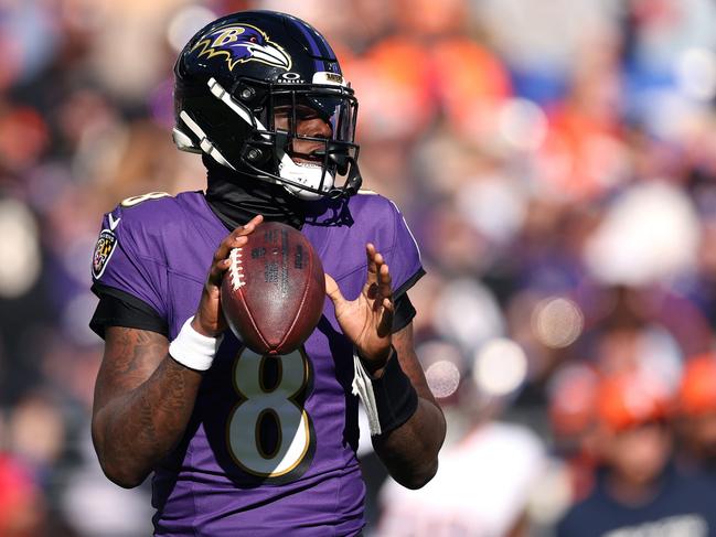 BALTIMORE, MARYLAND - NOVEMBER 03: Lamar Jackson #8 of the Baltimore Ravens looks to pass in the first quarter of a game against the Denver Broncos at M&T Bank Stadium on November 03, 2024 in Baltimore, Maryland. (Photo by Scott Taetsch/Getty Images)