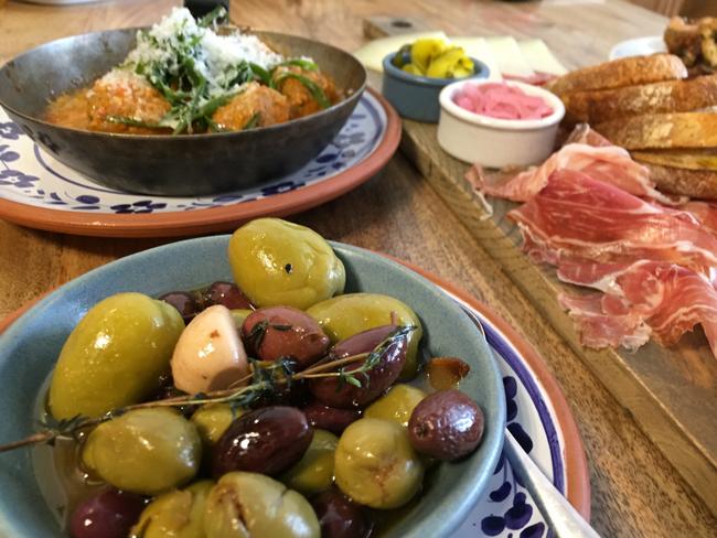 Albondigas (top left) as part of a tapas spread.