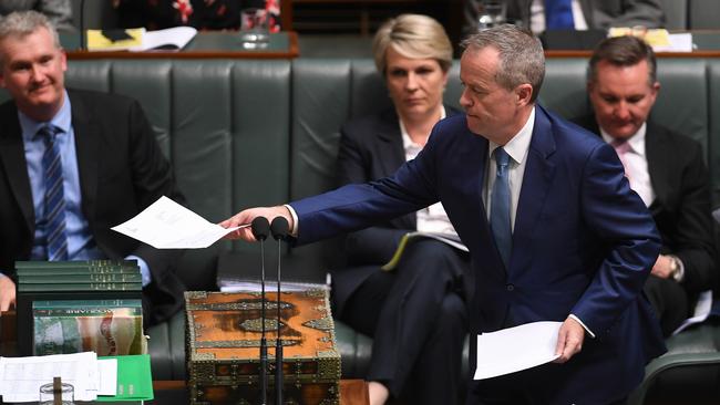 Opposition Leader Bill Shorten tables the renunciation of his British citizenship at the end of Question Time. Picture: AAP