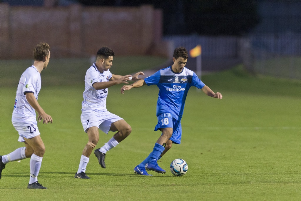 Keanu Tuart for South West Queensland Thunder against Magpies Crusaders in NPL Queensland men round five football at Clive Berghofer Stadium, Saturday, March 2, 2019. Picture: Kevin Farmer