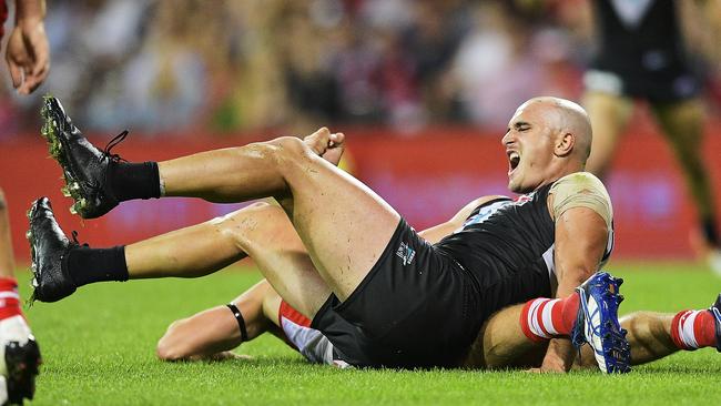 Sam Powell-Pepper celebrates kicking a goal against Sydney. Picture: Brett Hemmings/AFL Media/Getty Images