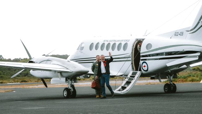 Prime Minister Anthony Albanese arrives in Strahan Tasmania to anti Salmon farming protesters from the Bob Brown Foundation. Picture: Bob Brown Foundation