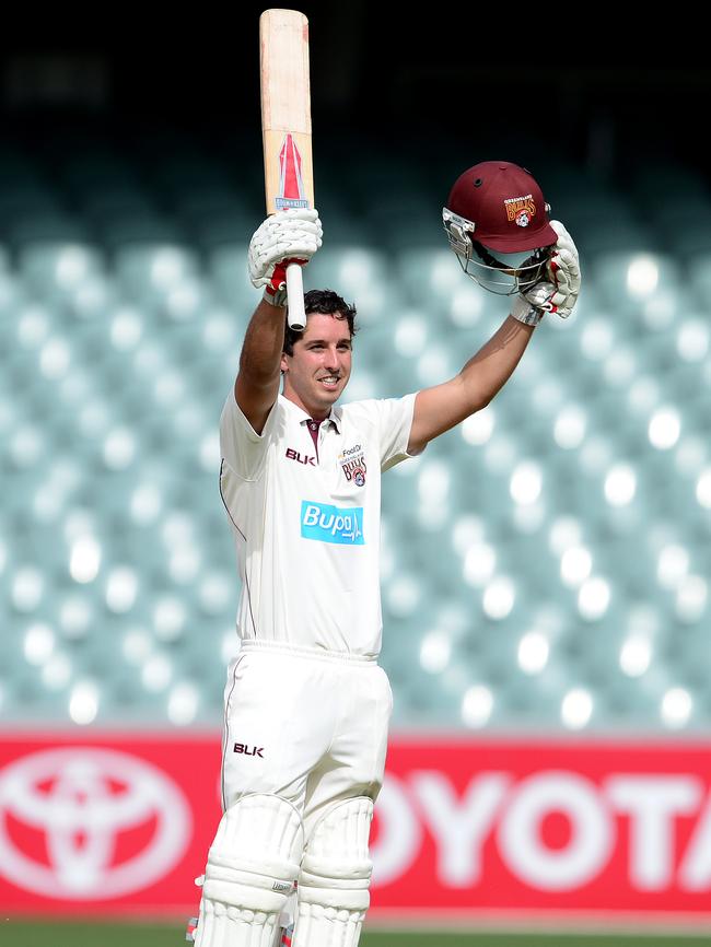 Stevens celebrates his first Sheffield Shield hundred against South Australia in 2014. Picture: Mark Brake