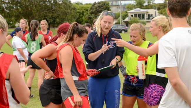 Tanya Hetherington coaching Diamond Creek during her recovery. Picture: Russ Canham