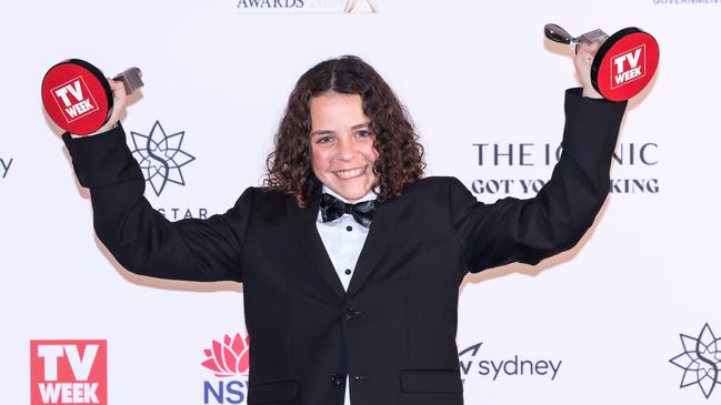 Felix Cameron poses with his two Logie Awards. Picture: Hanna Lassen/Getty Images