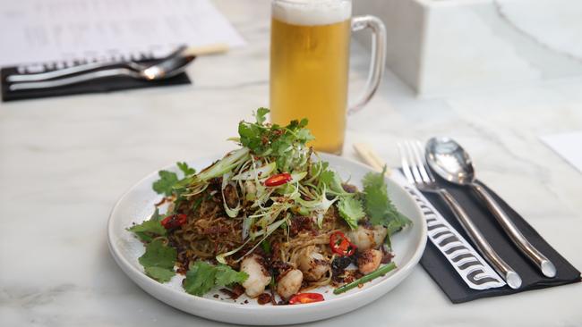 Chin Chin’s stir fry of bug tail and chopped prawn egg noodle and hellfire chilli oil. Picture Andrew Tauber