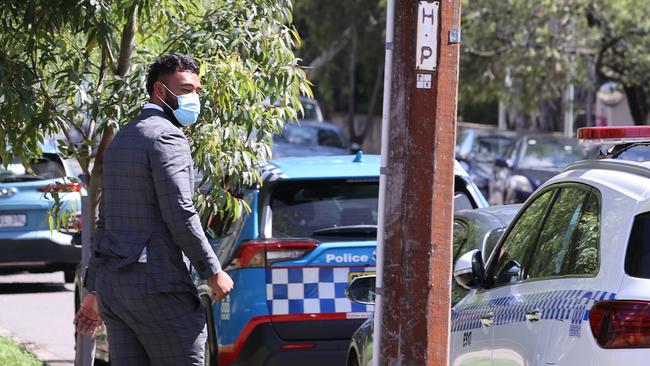 West Tigers player Zane Musgrove is escorted out the side door of Waverly Courthouse after he was caught driving while licence was suspended in February. Picture: NCA NewsWire