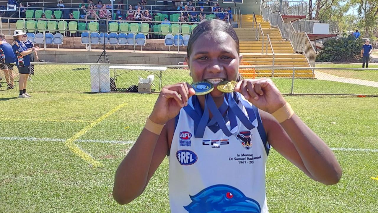 Jenna Singh Lippo was named the best on ground for the Arnhem Crows after her side beat Eastside in the 2024 Big Rivers Football League final. Picture: Grey Morris