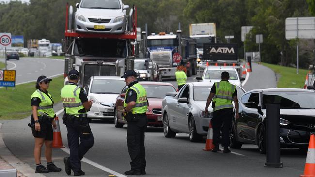 Police set up a new border control point at Stuart Street on the Gold Coast, causing major headaches for commuters. Picture: Steve Holland