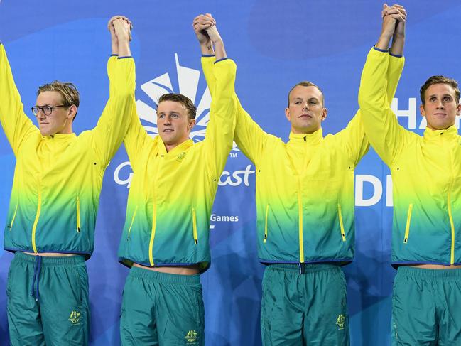 GOLD COAST, AUSTRALIA - APRIL 08:  Gold medalists Alexander Graham, Kyle Chalmers, Elijah Winnington and Mack Horton of Australia pose during the medal ceremony for the Men's 4 x 200m Freestyle Relay Final on day four of the Gold Coast 2018 Commonwealth Games at Optus Aquatic Centre on April 8, 2018 on the Gold Coast, Australia.  (Photo by Quinn Rooney/Getty Images)