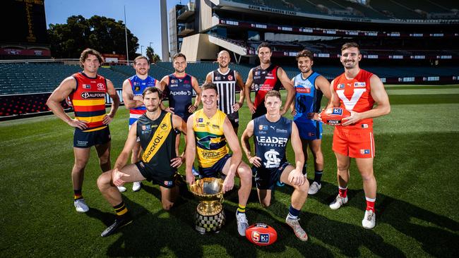 Nathan Freeman (Adelaide), Jarrod Schiller (Central), Matthew Nunn (Norwood), Cam Sutcliffe (Port Adelaide), Tom Keough (West Adelaide), James Battersby (Sturt), Alex Spina (North Adelaide), (Front) Max Proud (Glenelg), Luke Thompson (Eagles) and Matthew Rose (South Adelaide) at Adelaide Oval. Picture: Tom Huntley