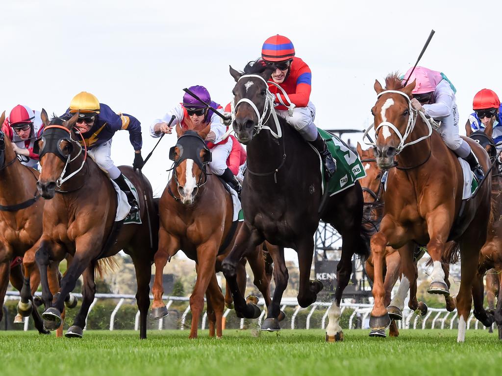 Verry Elleegant (NZ) ridden by Mark Zahra wins the TAB Turnbull Stakes at Flemington Racecourse on October 03. (Pat Scala/Racing Photos via Getty Images)