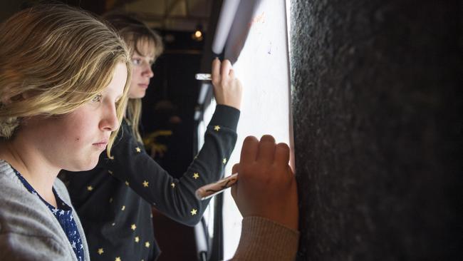 Sisters Emily (left) and Claire Gooderham interact with one of the exhibits in the Garden of Curiosity. Picture: Kevin Farmer