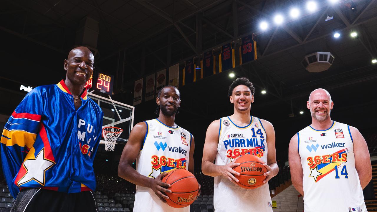 Adelaide 36ers will wear a heritage jersey in their next match, pictured is Mark Davis, Ian Clark, Kyrin Galloway and Rupert Sapwell.