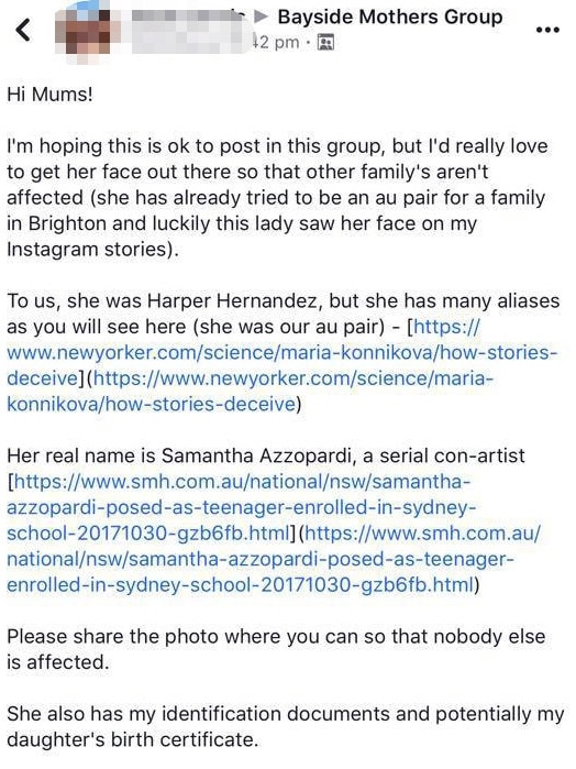 Azzopardi posed as an au pair in bayside Melbourne. Picture: Facebook