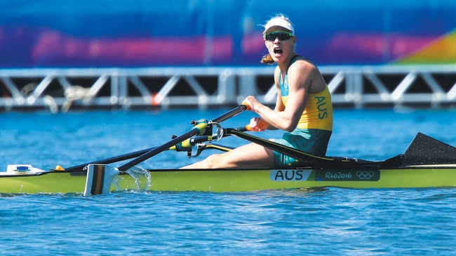 Brennan won gold in the women's single sculls at Lagoa Stadium. Picture. Brett Costello