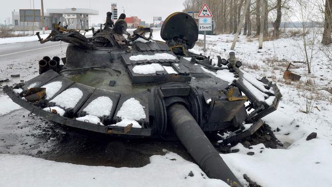 A destroyed Russian tank is seen on the roadside on the outskirts of Kharkiv following the Russian invasion of Ukraine. Picture: AFP