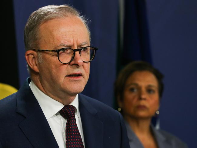 SYDNEY, AUSTRALIA: Newswire Photos: MAY 01 2024: Prime Minister Anthony Albanese is in Sydney today and addresses the media in a press conference with the Minister for Social Services, Amanda Rishworth and the Minister for Communications, Michelle Rowland. Picture: NCA Newswire / Gaye Gerard