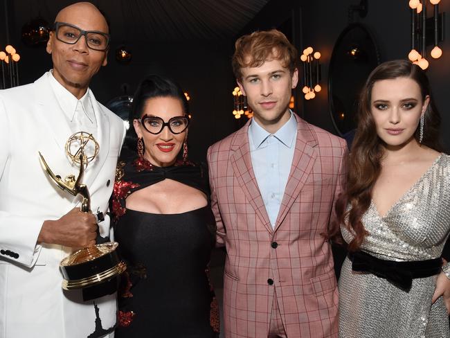 (L-R) RuPaul, Michelle Visage, Tommy Dorfman, and Australian Katherine Langford attends the 2018 Netflix Primetime Emmys After Party.  Picture:  Getty