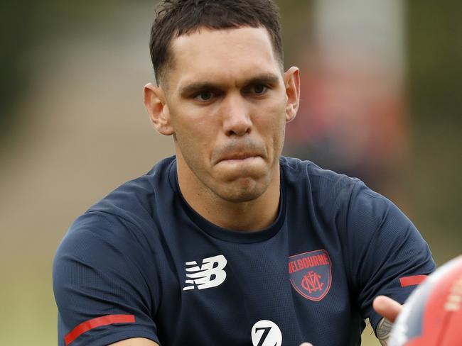 MELBOURNE, AUSTRALIA - DECEMBER 04: Harley Bennell completes some handball drills during a Melbourne Demons AFL training session at Gosch's Paddock on December 04, 2019 in Melbourne, Australia. (Photo by Darrian Traynor/Getty Images)