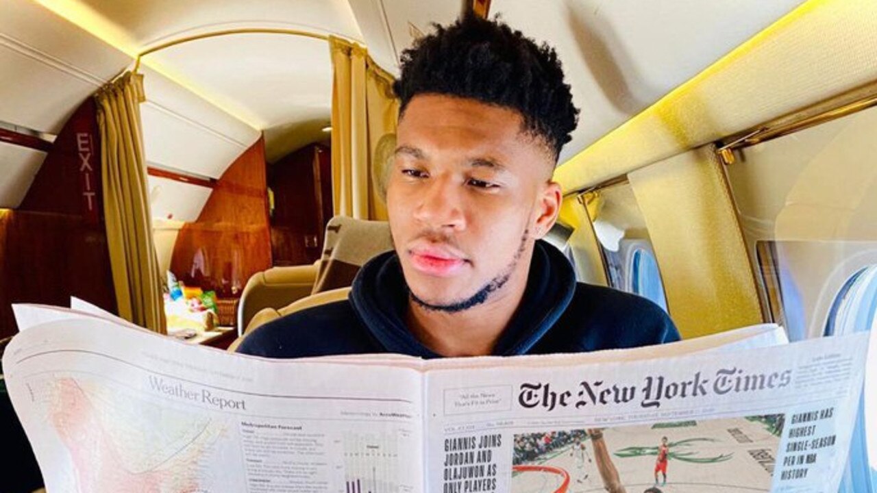 Giannis Antetokounmpo reading all about his second MVP win … Picture: @Giannis_An34