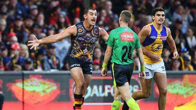 Taylor Walker was held goalless as Adelaide slumped to a 12-point loss to West Coast. Picture: Mark Brake/Getty Images