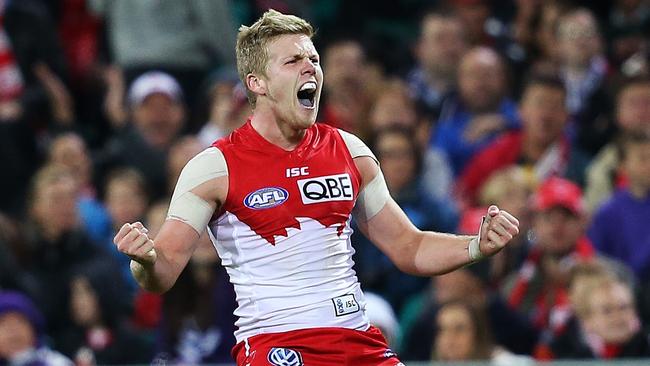 AFL - Sydney Swans v Fremantle Dockers at the SCG. Daniel Hannebery of the Sydney Swans celebrates one of three goals he kicked in the sceond quarter.