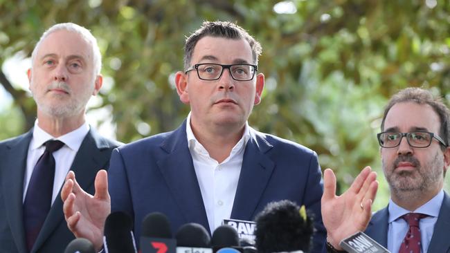 Victorian Premier Daniel Andrews faces the media in reaction to Labor Rorts Report. Special Minister of State Gavin Jennings and Attorney-General Martin Pakula by his side. Picture: Alex Coppel.