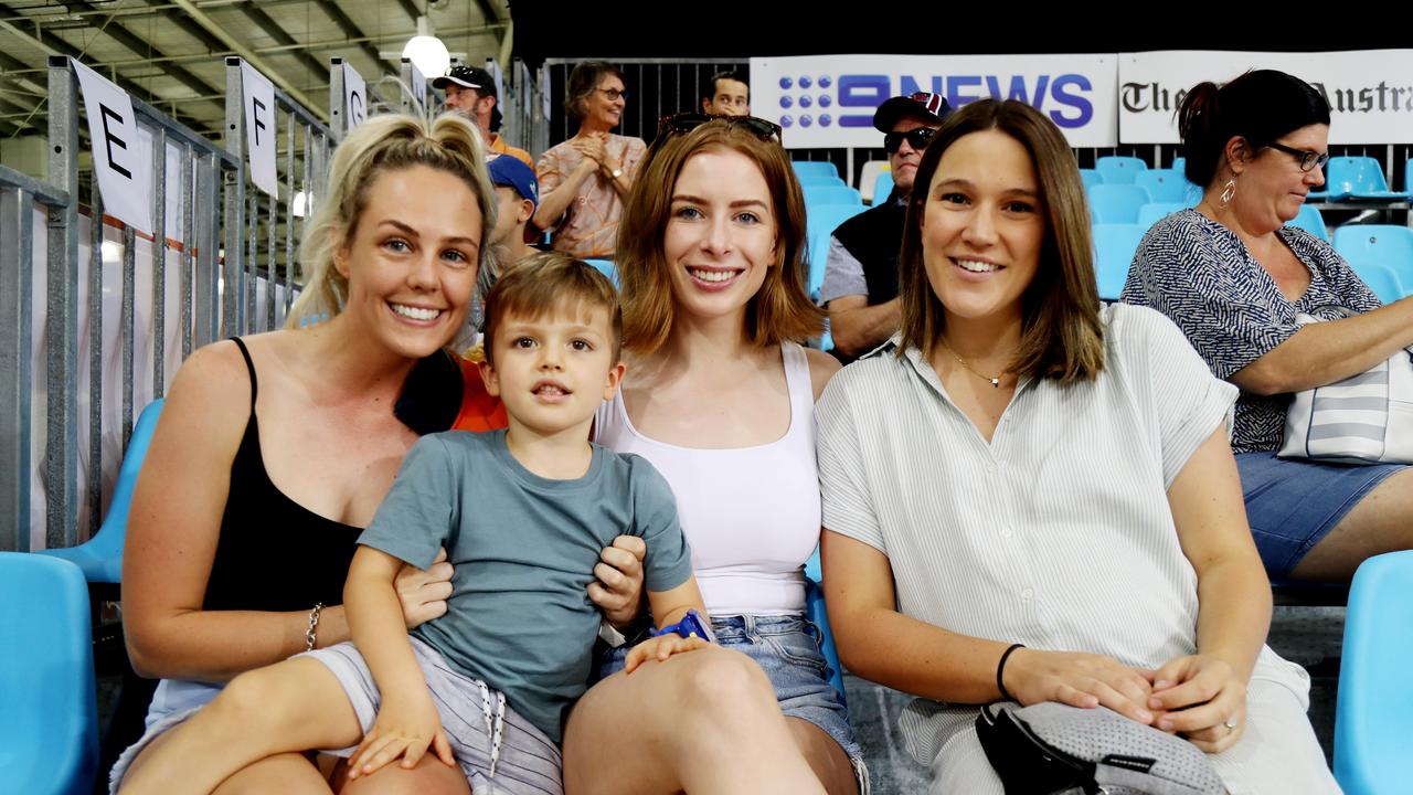 Super Netball game between Fever and Giants at Cairns pop up stadium. Shelby Grant, Archie Tedmanson,3, Kate Pritchard and Bodelle Stanley. PICTURE: STEWART McLEAN