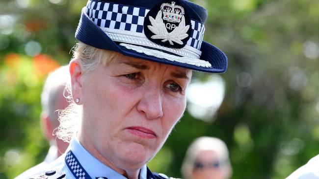 Police Commissioner Katarina Carroll leaving the home of Hannah Clarke’s parent’s house at Camp Hill. Picture AAP/David Clark