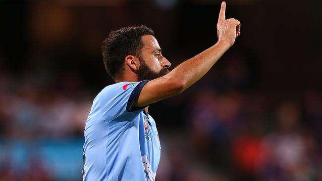 Alex Brosque celebrates a goal against Perth Glory.