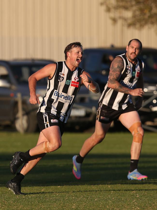 North Geelong's Thomas Schwennesen celebrates a goal. GDFNL North Geelong v Bannockburn. Picture: Alan Barber