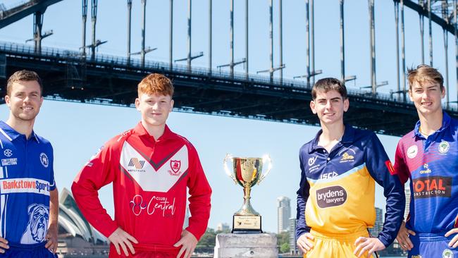 Kingsgrove Sports T20 Cup finalists, (L-R) Dan Solway (Bankstown), Ollie Rayner (St George), Coby Holland (Fairfield-Liverpool) and Lachlan Shaw (Northern District) ahead of Sunday’s matches at North Sydney Oval. Picture: Ian Bird Photography