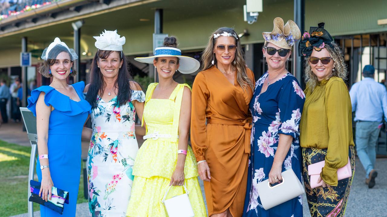 Ellin Lede, Tanya Hollamby, Danielle Wilson, Kirstie Fairchild, Emma Salerno and Belinda Hortle at the 2021 Darwin Cup Carnival Bridge Toyota Ladies’ Day. Picture: Che Chorley