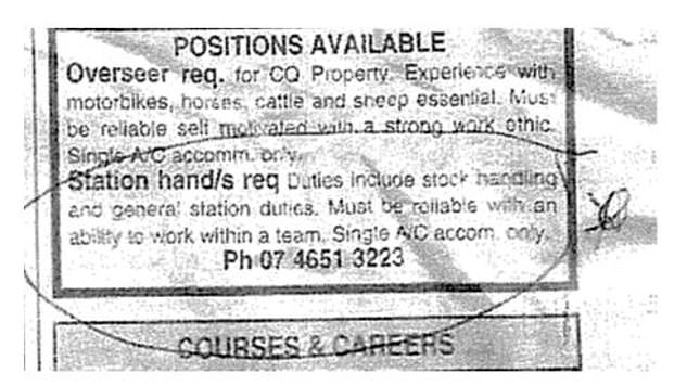 The police found snippings of circled employment opportunities in the local newspaper. Picture: Queensland Police