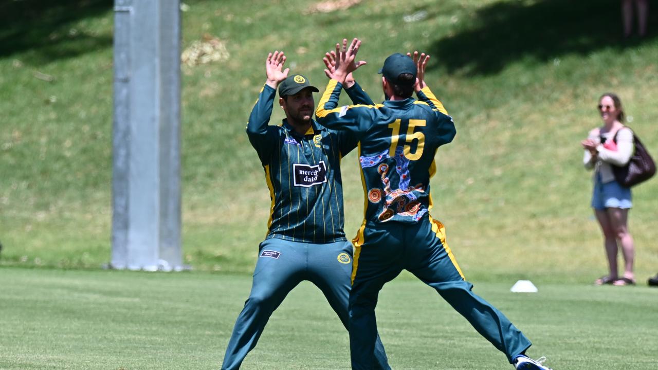 Meredith celebrate a wicket against Bannockburn in the T20 grand final. Picture: Wes Cusworth.