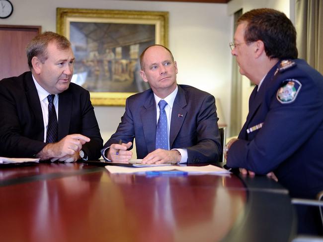 Then police minister Jack Dempsey, premier Campbell Newman and commissioner Ian Stewart discuss the rise in bikie violence in October 2013.